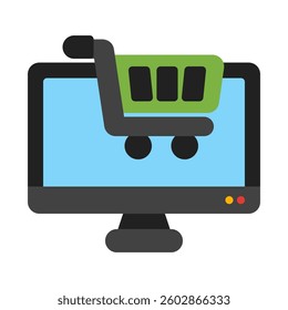 Shopping cart on a computer screen, ideal for ecommerce websites, online shopping platforms, digital marketing concepts, and internet technology.