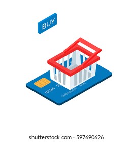 Shopping cart on credit card flat 3d isometric e-commerce business concept. Isometric Vector Illustration.