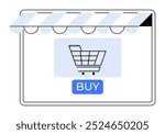 Shopping cart on a device screen under a store awning with a BUY button. Ideal for online shopping, digital marketplaces, e-commerce websites, virtual stores, and retail businesses. Simple vector