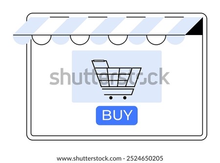 Shopping cart on a device screen under a store awning with a BUY button. Ideal for online shopping, digital marketplaces, e-commerce websites, virtual stores, and retail businesses. Simple vector