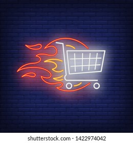 Shopping cart on fire neon sign. Shopping, discount, offer, sale, supermarket. Hot sale concept. Vector illustration in neon style for shop advertising, online shop, web app