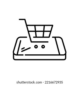 Shopping cart on isometric smartphone. Pixel perfect, editable stroke icon