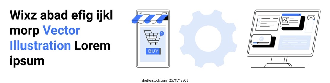 A shopping cart on a mobile device, a gear icon, and a desktop computer represent online shopping, technology, and digital marketing. Ideal for e-commerce, innovation, technology, digital solutions