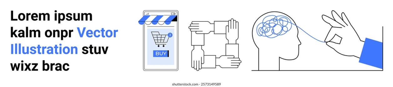 Shopping cart on mobile, hands forming a square, head with tangled lines, and hand making an OK sign. Ideal for eCommerce, collaboration, mental health awareness, content creation, and digital