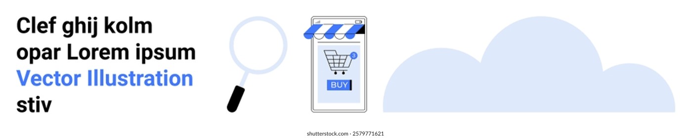 A shopping cart on a mobile interface with a magnifying glass symbolizing e-commerce. Ideal for digital marketing, online shopping, tech, mobile applications, and innovation. Banner for landing page