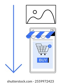 Shopping cart on a mobile screen with a buy button an image above and a downward arrow ideal for themes like online shopping e-commerce mobile apps digital marketing and user convenience. Modern flat