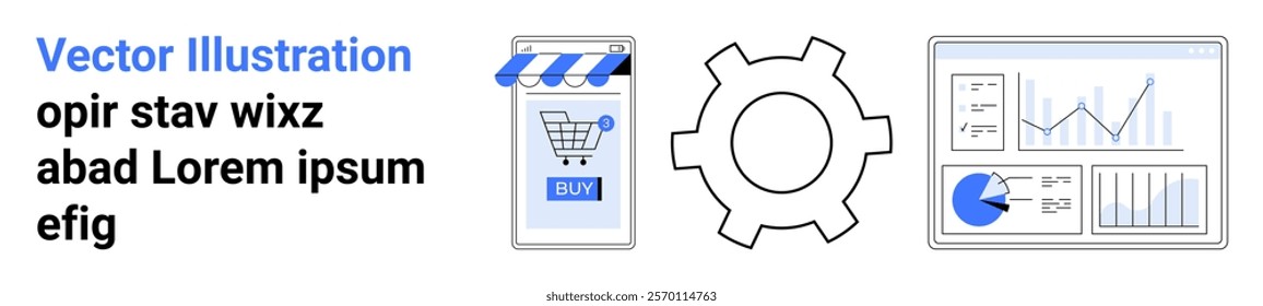 A shopping cart on a mobile screen, a gear icon, and various data graphs. Ideal for e-commerce, data analysis, online shopping, industry, and business growth. Banner for landing page