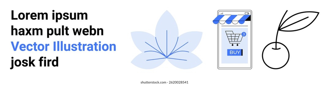 Shopping cart on mobile storefront, blue abstract leaf, black line cherry with stem and leaf. Ideal for e-commerce, nature, marketing, apps, website components, digital media, branding. Landing page