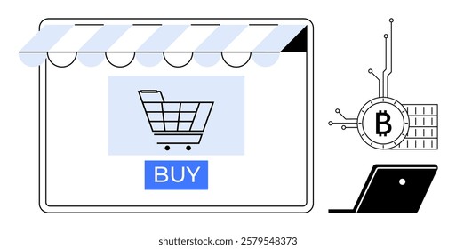 Shopping cart on screen with Buy button under an awning represents online shopping. Bitcoin coin graphic connected to laptop suggests cryptocurrency integration. Ideal for e-commerce, digital