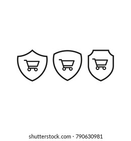 Shopping cart on shield icon collection