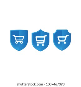 Shopping cart on shield, secure purchase concept, icon set