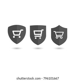 Shopping cart on shield, secure purchase concept, icon set