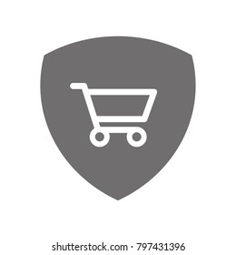 Shopping cart on shield, secure purchase concept, icon set