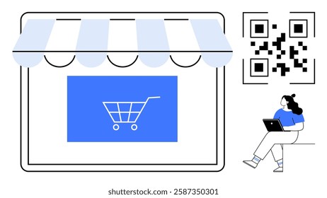 Shopping cart on store window, QR code, and woman with laptop. Ideal for online shopping, e-commerce, digital marketing, mobile payments, retail management, consumer behavior, technology usage. Line
