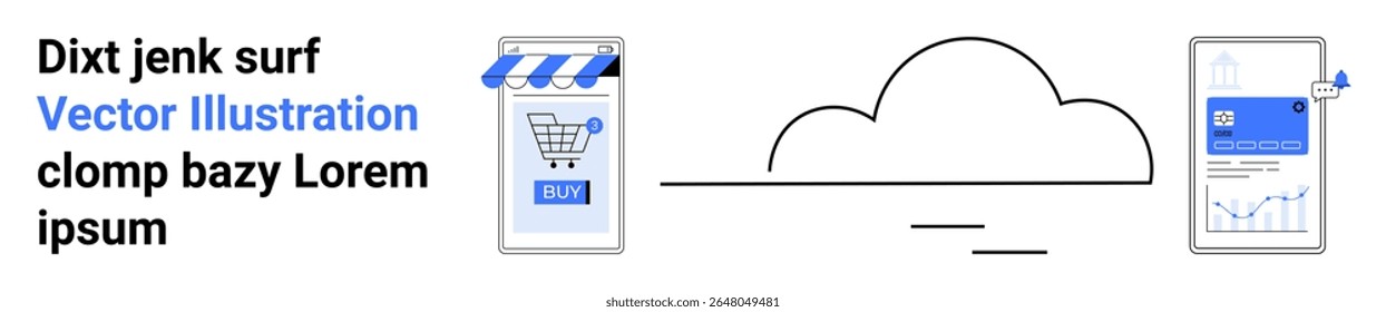 Shopping cart on a storefront screen, connecting to the cloud, followed by an analytics dashboard on a mobile device. Ideal for e-commerce, cloud computing, data security, mobile apps, online retail