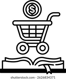 A shopping cart is on top of an open book with a dollar sign on the cart