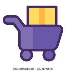 Shopping cart on wheels carries cardboard box. Prompt delivery of goods, shopping process flat element for modern and retro design. Simple color vector pictogram isolated on white background