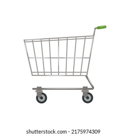 Carro de compras para la compra de ruedas, plástico verde y acero, ilustración vectorial sobre fondo blanco