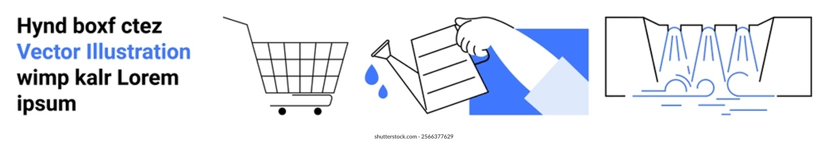 Shopping cart on wheels, hand holding a receipt with water droplets, and a waterfall flow. Ideal for ecommerce, receipts, water consumption, modern commerce, and transaction processing themes