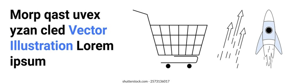 Shopping cart on wheels next to ascending rocket symbols. Ideal for e-commerce success growth startups innovation and digital marketing concepts. Banner for landing page