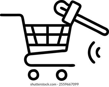 A shopping cart on white background with holographic financial symbols and growth arrows providing copy space. concept as Side view of a miniature shopping cart against a white background. Surrounding