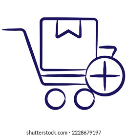 Carro de compras con una caja dentro y un botón para añadir una compra. Icono azul del vector de contorno simple dibujado con pincel aislado en fondo transparente