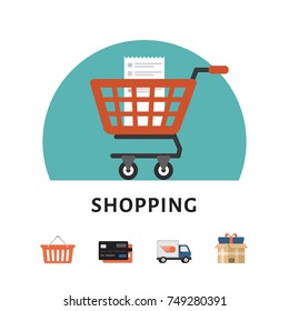 Shopping cart. Online shopping concept. Shopping icons. Flat style, vector illustration.