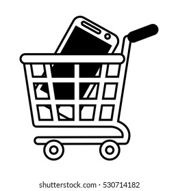 shopping cart online mobile phone black screen outline vector illustration eps 10