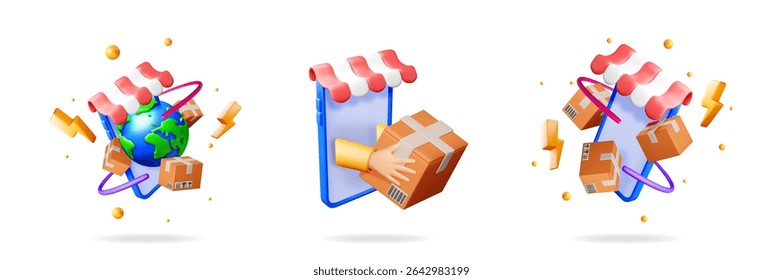Shopping cart of online store with awning. Delivery service concept for mobile app. Marketing promotion, special offer.