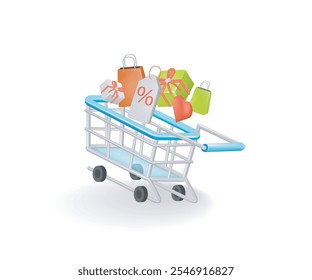 Shopping cart for online store and digital marketing ideas the labels discount concept