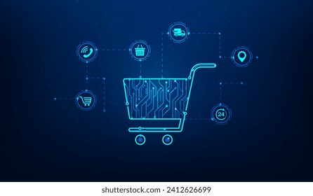 símbolo de tecnología en línea del carro de la compra sobre fondo azul. entrega digital de comercio electrónico de negocios. concepto de compra de pago en línea. ilustración vectorial concepto de línea de alta tecnología y punto. 