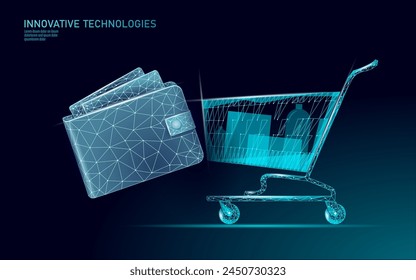 Shopping cart and online wallet low poly design 3D. Online shop trade market technology. Buy now template. Mobile app sale vector illustration