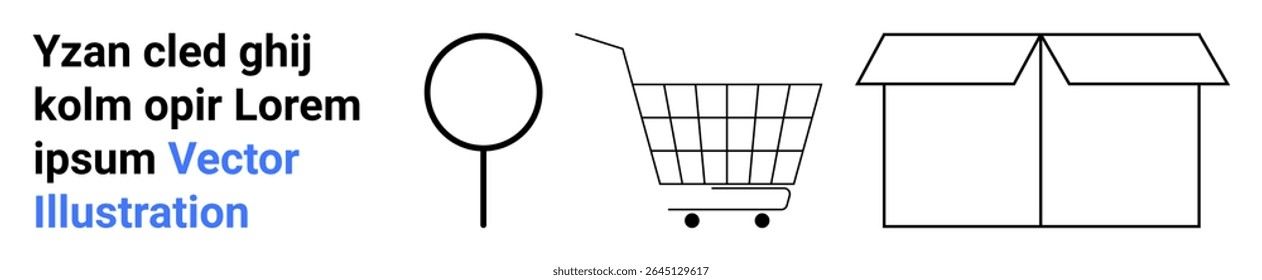 Shopping cart, open box, and placeholder text in a minimalist style. Ideal for online shopping, delivery services, retail, ecommerce platforms, packaging, warehouse management, supply chain. Banner