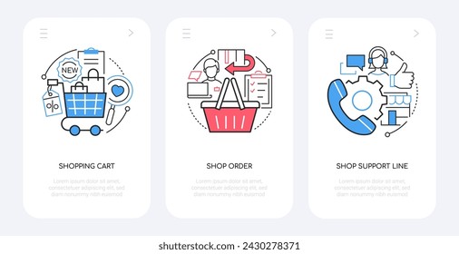 Shopping cart and orders- line design style banners set with place for text. Support line, discount, novelty, product range, phone calls. Buy and sell, seek help from a consultant or manager idea