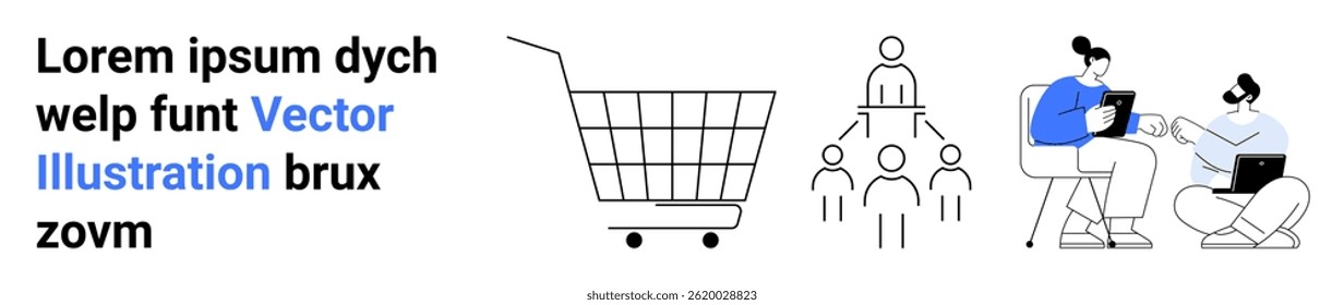Shopping cart, organizational hierarchy, and two people discussing on laptops. Ideal for business planning, teamwork, e-commerce, management strategies, online shopping, tech collaboration. Banner