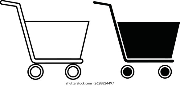 Descrição do carrinho de compras e ilustração em preto sólido representando comércio e compra