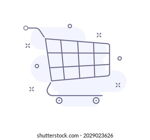 shopping cart outline vector illustration isolated on white. cart purple line icon with light pink background and decorations. for web and ui design, mobile apps and print polygraphy