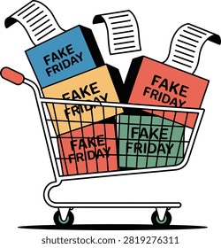 A shopping cart overflowing with boxes proclaiming 'Fake Friday,' symbolizing a commentary on deceptive sales practices and consumer culture.