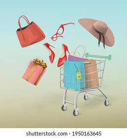 Shopping cart with packages and purchases, gift boxes on a yellow background. Realistic illustration poster for e-commerce showcase.