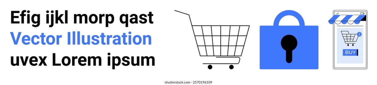 A shopping cart, a padlock, and an online store icon symbolize secure online shopping and e-commerce. Ideal for themes of online shopping, security, e-commerce, checkout, and retail. Banner