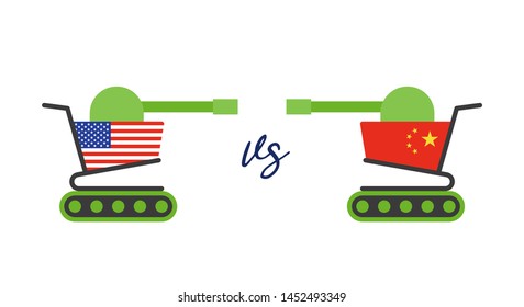 Shopping cart painted USA flag facing with Shopping cart painted China flag, vector illustration