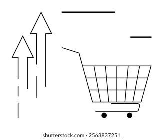 A shopping cart paired with three upward arrows. Ideal for economic improvement, sales growth, business success, market trends, and retail industry. Minimalistic black and white style