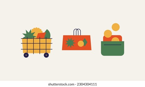 Shopping cart with paper bag and wallet with money. Abstract store icons. Vector illustration.