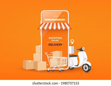 Carro de compras, cajas de paquetes y motocicletas o motocicletas como al lado de la tienda de smartphones y todos los objetos sobre el fondo naranja para comprar en línea y concepto de entrega,vector 3d aislado 