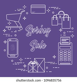 Shopping cart, payment terminal, bank card, packages, boxes, phone. Spring sale. Shopping icons.