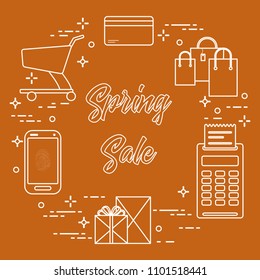 Shopping cart, payment terminal, bank card, packages, boxes, phone. Spring sale. Shopping icons.