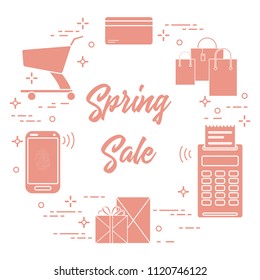 Shopping cart, payment terminal, bank card, packages, boxes, phone. Spring sale. Shopping icons.