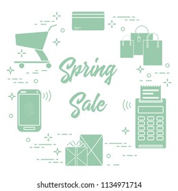 Shopping cart, payment terminal, bank card, packages, boxes, phone. Spring sale. Shopping icons.