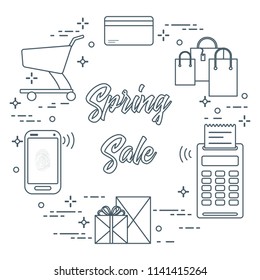 Shopping cart, payment terminal, bank card, packages, boxes, phone. Spring sale. Shopping icons.