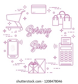 Shopping cart, payment terminal, bank card, packages, boxes, phone. Spring sale. Shopping icons.